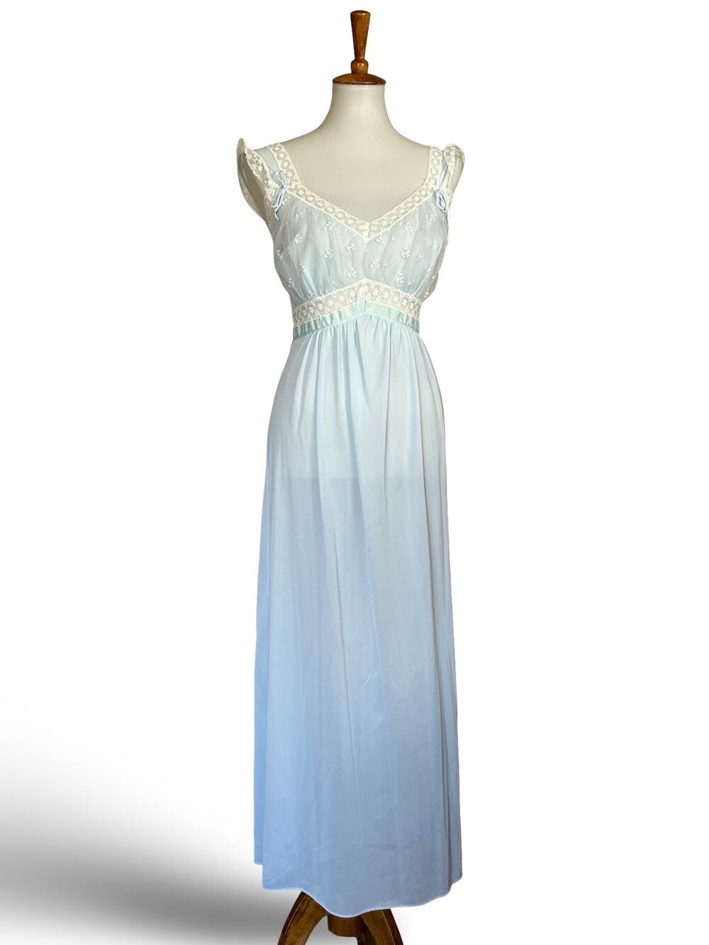 Vintage 60s 70s Siren Baby Blue Tricot Slip Dress Gown Lace M
